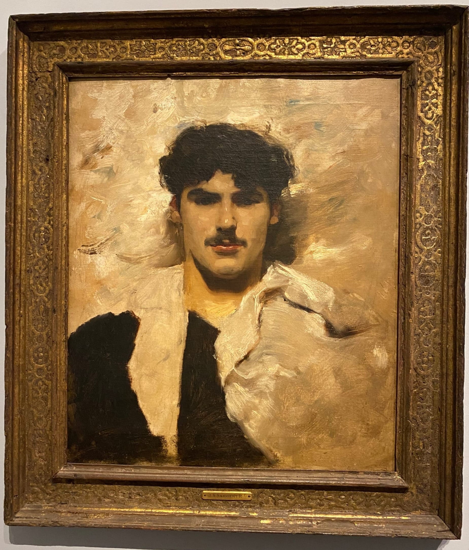 a john singer sargent painting that is a VERY handsome man with spectacular cheekbones and a moustache and it all just feels very homosexual